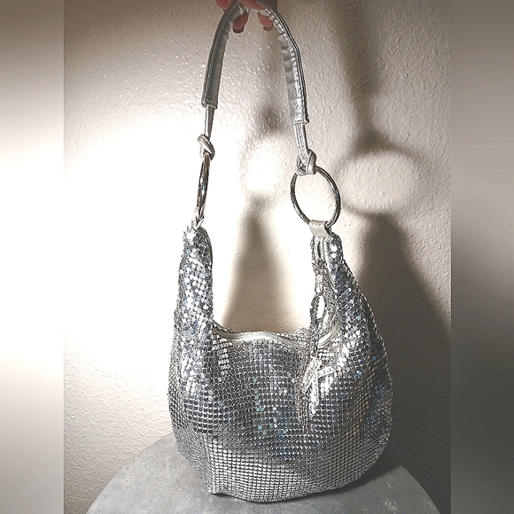 Silver Mesh Zipper Evening Shoulder Bag Satin K Monogram Chain Charm - Picture 1 of 11